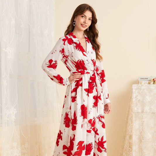 Printed V neck Long Sleeve Dress Long Sweet Dress
