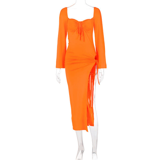Long Sleeve Lace Up Slim Fit Backless Hollow Out Cutout Split Dress