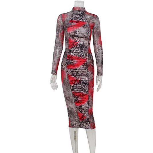 Slim Fit Mesh Floral Print Pleated Design Hip Long Sleeve Half Turtleneck Dress