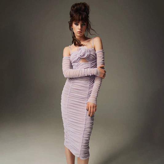 Purple Long Sleeve Dress Slim One Neck Sleeve Floral Tulle Dress