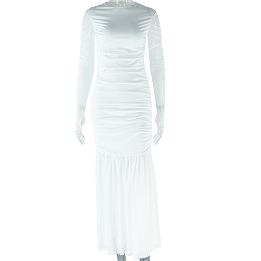 Solid Color Dress round Neck Long Sleeve Mesh Stitching Casual Dress