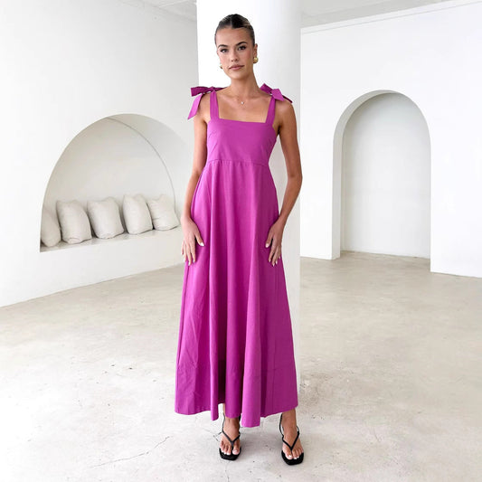 Solid Color Tube Top Maxi Lace up Dress