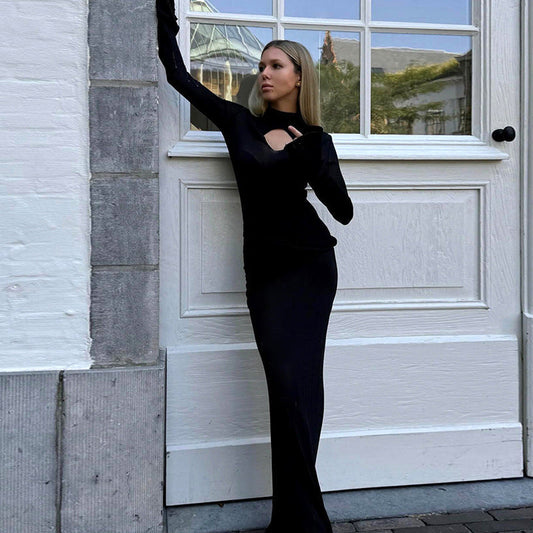 High Collar Hollow Out Cutout Out Knitted Pencil Elegant Slim Fit Maxi Dress