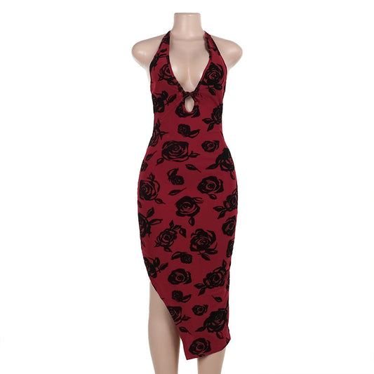 Elegant Slim Floral Flocking Halter