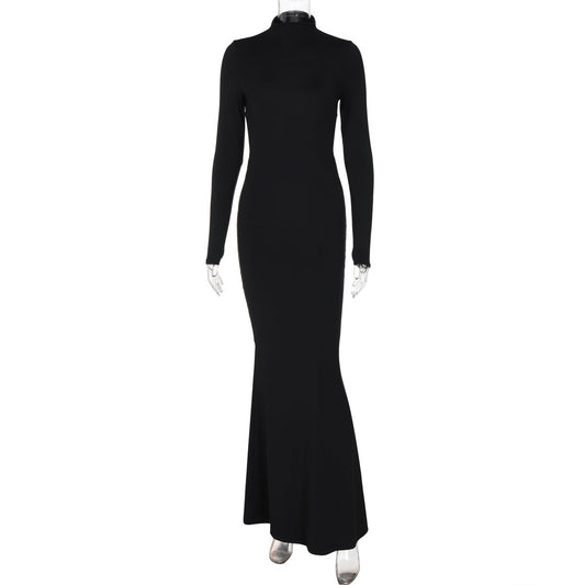 Solid Color Half Collar Long Sleeve Personalized Bare Back Maxi Dress