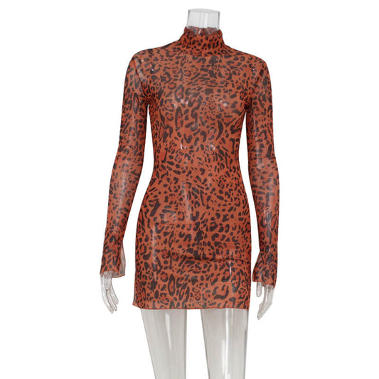 Turtleneck Long Sleeve Slim Fit Mesh Leopard Print Hip
