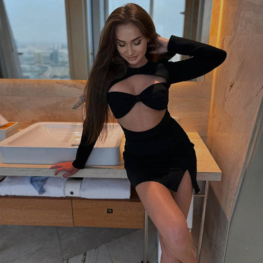 Tube Top Hollow Out Cutout out Long Sleeve Dress Slim Fit Sheath