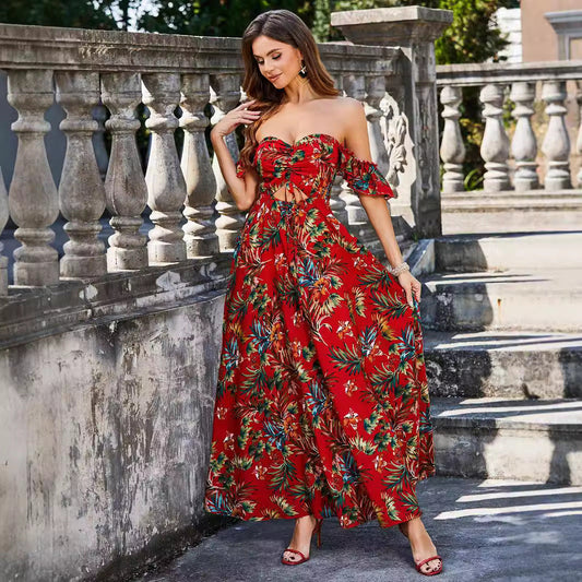 Printed Hollow Out Cutout out Tied Dress Tube Top Elegant Backless Dress
