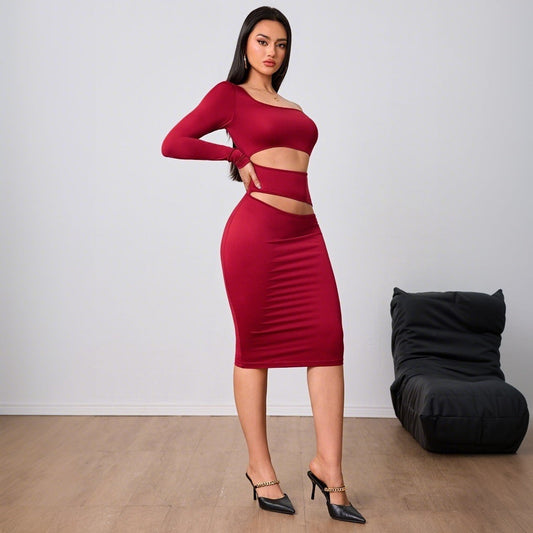 Wine Red Socialite Dress Single Side Sleeve Midi Dress
