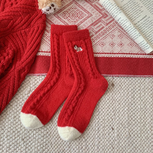 Wool Thick Warm Red Cute Christmas Socks