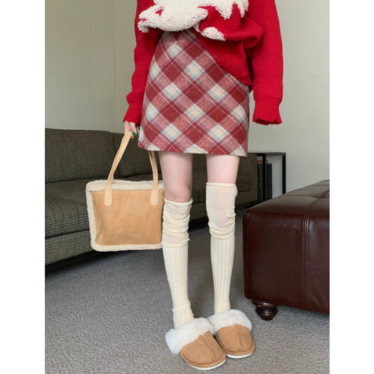 Plus Size Wool Plaid High Waist Christmas Skirt