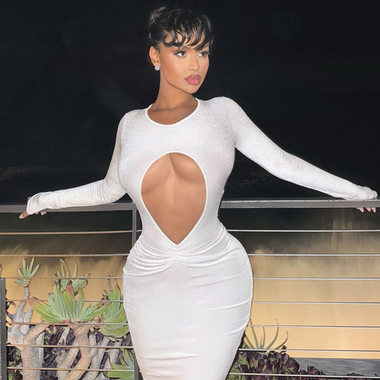 Cutout Slim Pleated Solid Color Long Sleeve Dress