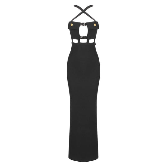 Black Cross Halterneck Pocket Dress Stretch Bandage One Piece Dress Suspender Dress