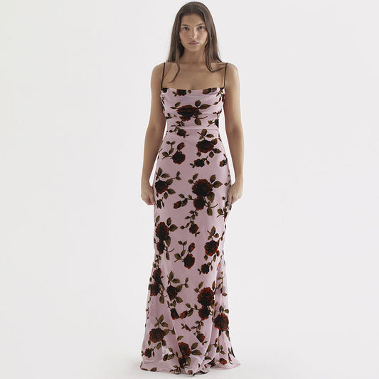 Mesh Floral Print Slip Dress Slim Fit Elegant Floral Maxi Dress Holiday Dress Backless