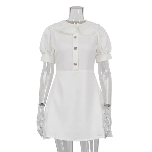 French Dress High Sense Peter Pan Collar Short Sleeve Slim Fit Elegant A Line Dress