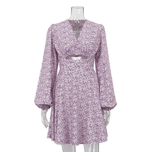 Long Sleeve V neck pirational Design Dress Slimming Printed French Dress