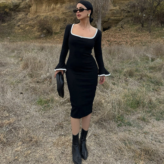 Square Collar Contrast Color Knitted Midi Dress Bell Sleeve Sheath