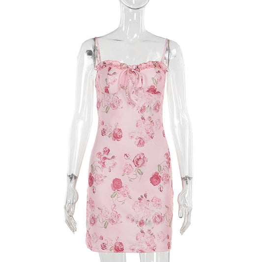 Rose Print Suspenders Casual Dress
