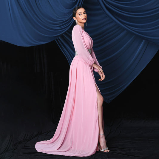 Long Sleeved Elegant V neck Long Slit Cocktail Evening Dress Bridesmaid Dress Large Swing