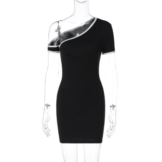 Color Contrast One Shoulder Cold Shoulder Slim Hip Dress