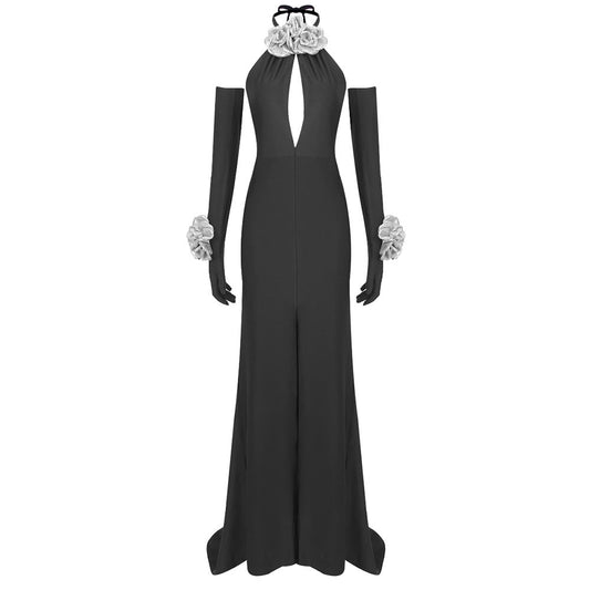 Halter Silver Floral Hollow Out Cutout Dress with Gloves Split