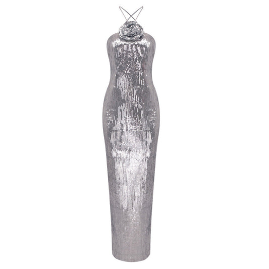 Silver Paillette Dress High Grade Light Luxury Evening Dress Bride Toast Dress Backless