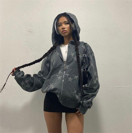 Y2k Zip Up Hoodies Vintage Star Print Sweatshirts