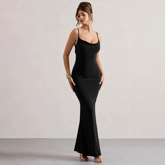 Lace Backless Sling Pockets Collar Dress Hip Dress
