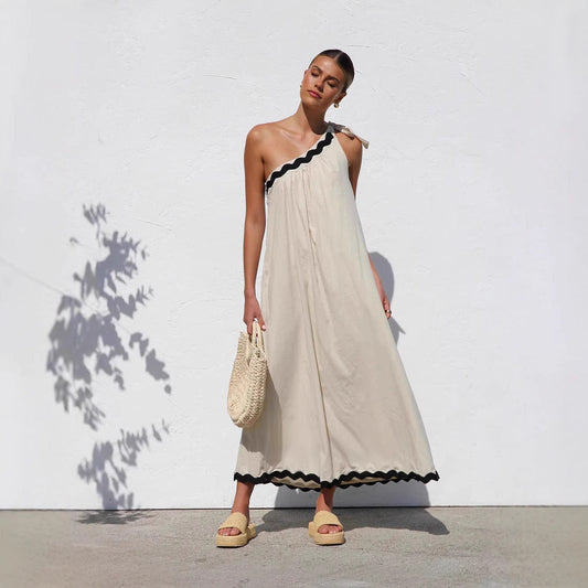 Oblique Shoulder Lace Vacation Long Dress