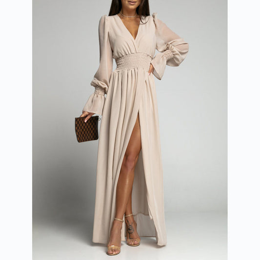 Waist-Tight Petal Sleeve Chiffon Dress