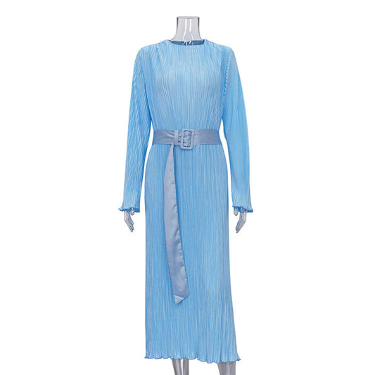 Long Sleeved Belt Pleated Dress Office High Sense Loose Maxi Dress