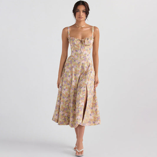 Backless Slim Fit Strap Dress Vacation Floral Split Mid Length Dress