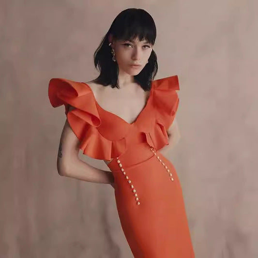 Elegant Orange Retro Bandage Midi Dress High End Dress