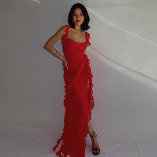 Slim Fit High Slit Ribbon Cami Dress for