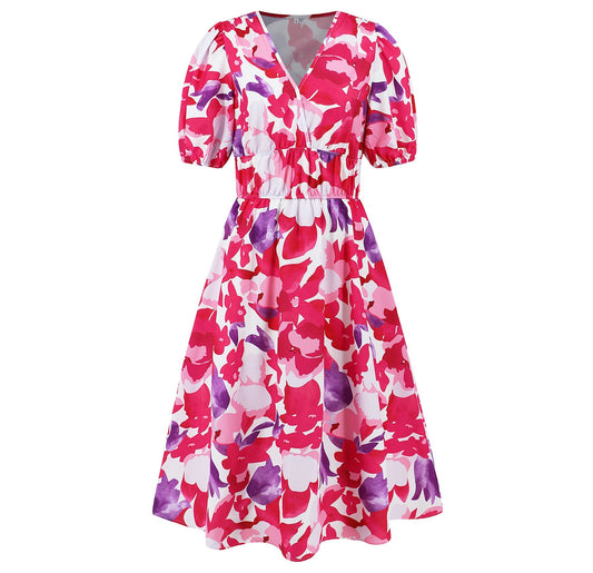 V Neck Bohemian Printed Dress A Line Dress