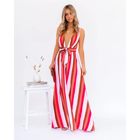 Strap Deep V Plunge Striped Casual Dress Home Loose Lace up Large Swing