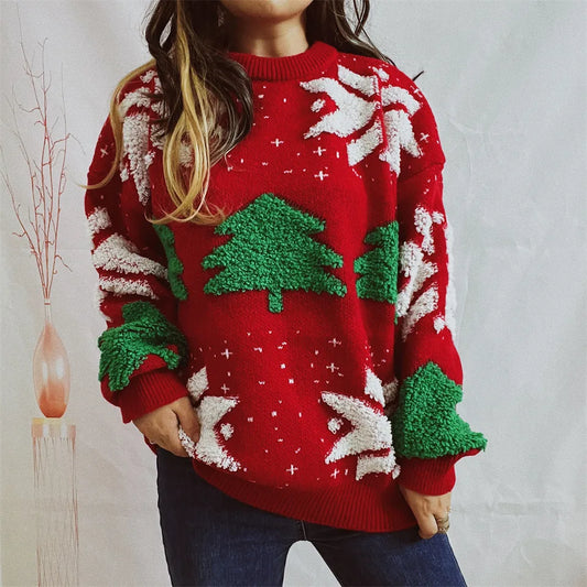 Green Fashion Tree Embroidery Knitted Pullover Casual Loose Retro Christmas Sweater Red / S