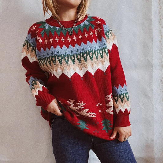 Thicken Raglan Sleeves Elk Christmas Tree Gold Pullover New Year Sweater Sweaters-L