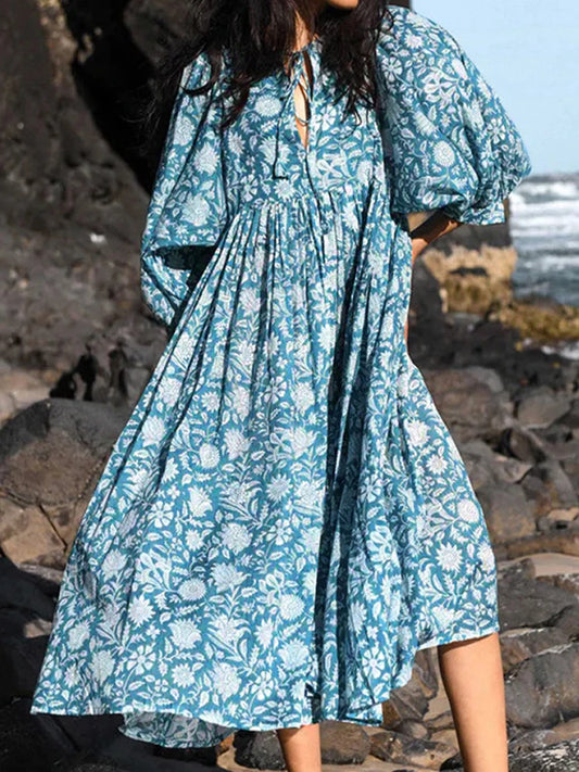 FashionSierra - 2024 Oversized Elegant Floral Printed Fashion Lantern Sleeve Boho Dress