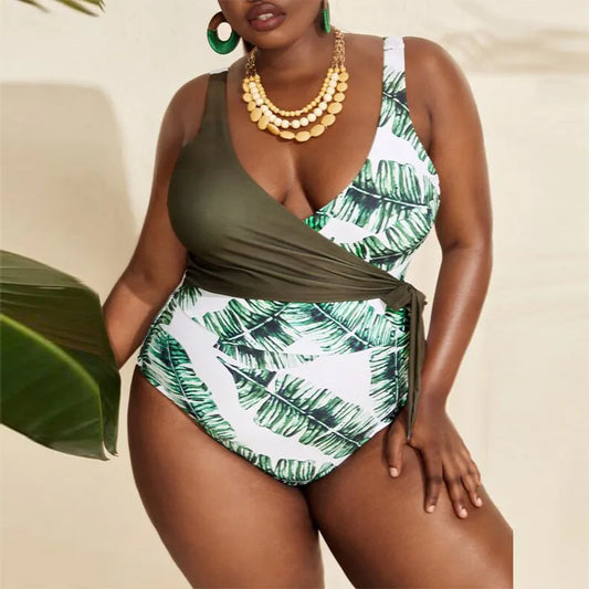 FashionSierra - 2024 Flattering Leaf Print Chic Patchwork Plus Size Swimsuits