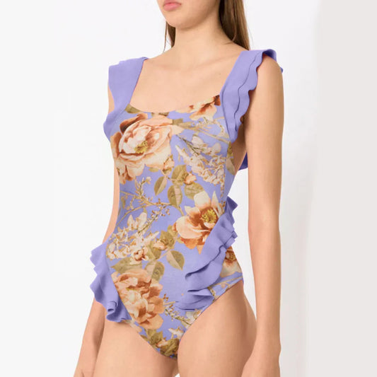 Purple Floral Lace Strap Cross Back One Piece PURPLE2 / S onepiece-250223