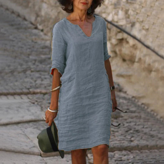 FashionSierra - 2025 Plus Size Retro Cotton Linen V Neck Boho Dress
