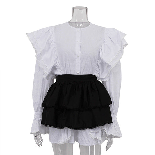 Ruffled Flared Sleeve Shirt Dress for French Minority Matching Cinched Short Dress