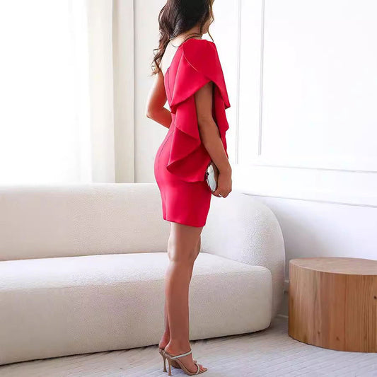 Ruffled One Shoulder Solid Color Cocktail Evening