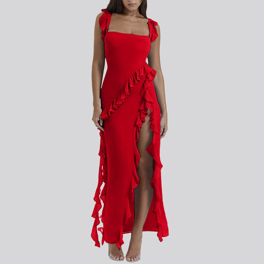 FashionSierra - Ruffles Chiffon Maxi Dress For Women 2025 Backless Split Sexy Black Long Wedding Party Elegant Luxury Chic Female