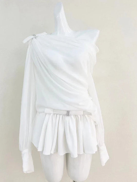 Skew Collar Lantern Sleeve Bowknot Mini Skirt Suit