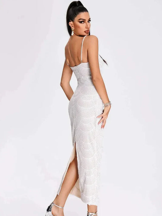 Women V Neck White Pearl Beading Maxi Dress