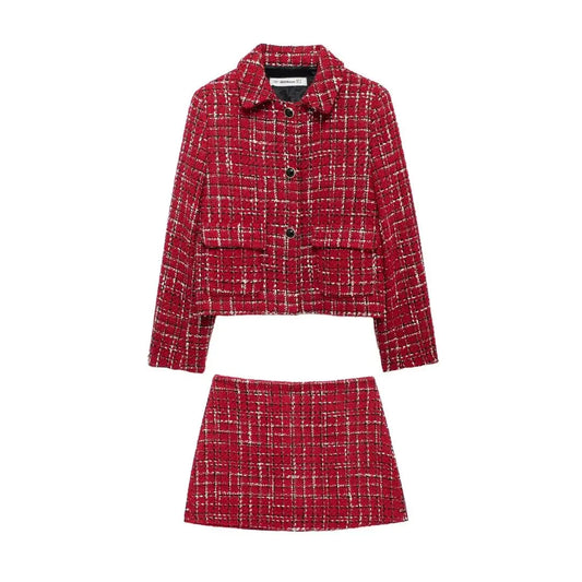 Plaid Lapel Coat and Side Zipper Short Suit