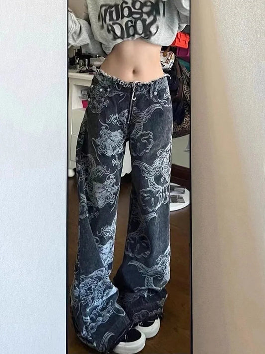 Dark Medieval Dragon Print Loose Trousers