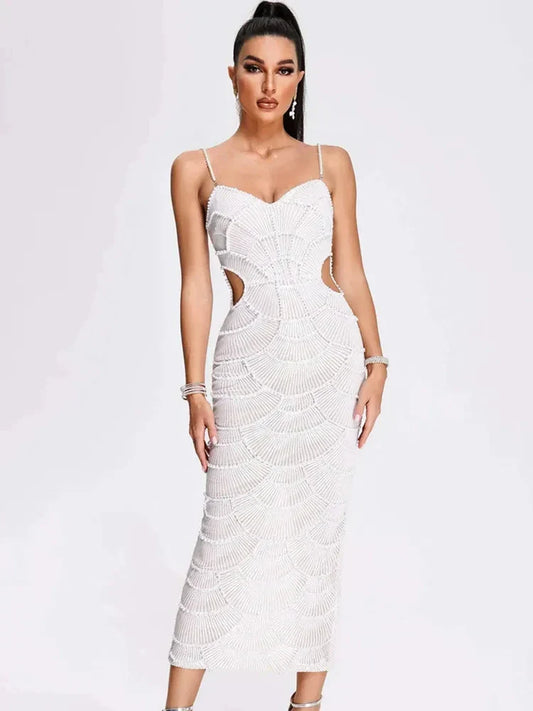 Women V Neck White Pearl Beading Maxi Dress